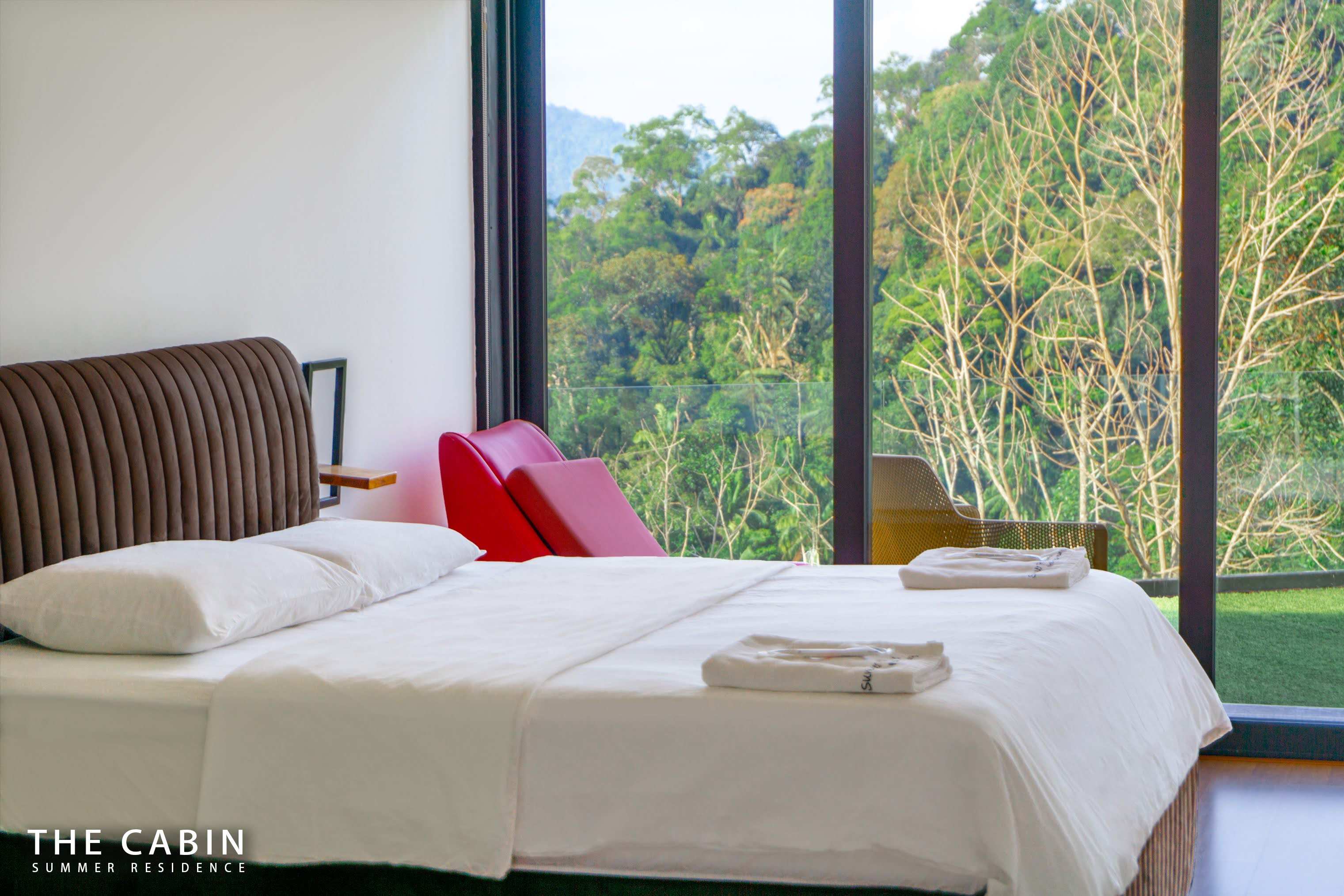 Room 3: tufted brown headboard, twin red chairs in the corner and glass doors onto the grass roof terrace.