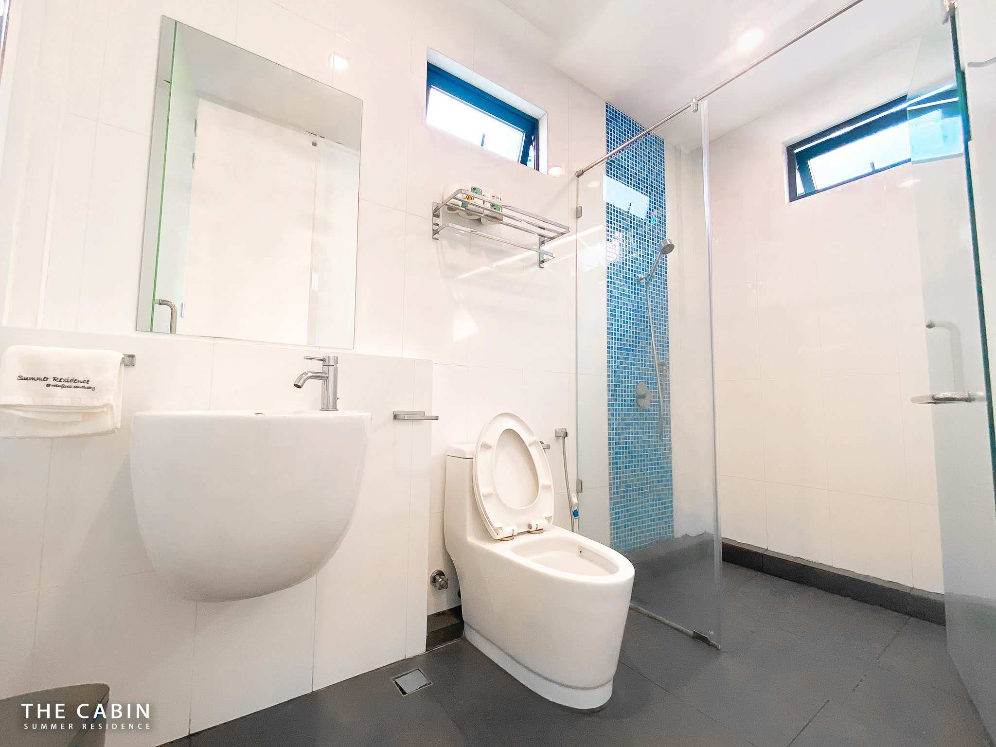 Room 4 ensuite with a blue mosaic accent stripe in the glass shower and a branded towel.