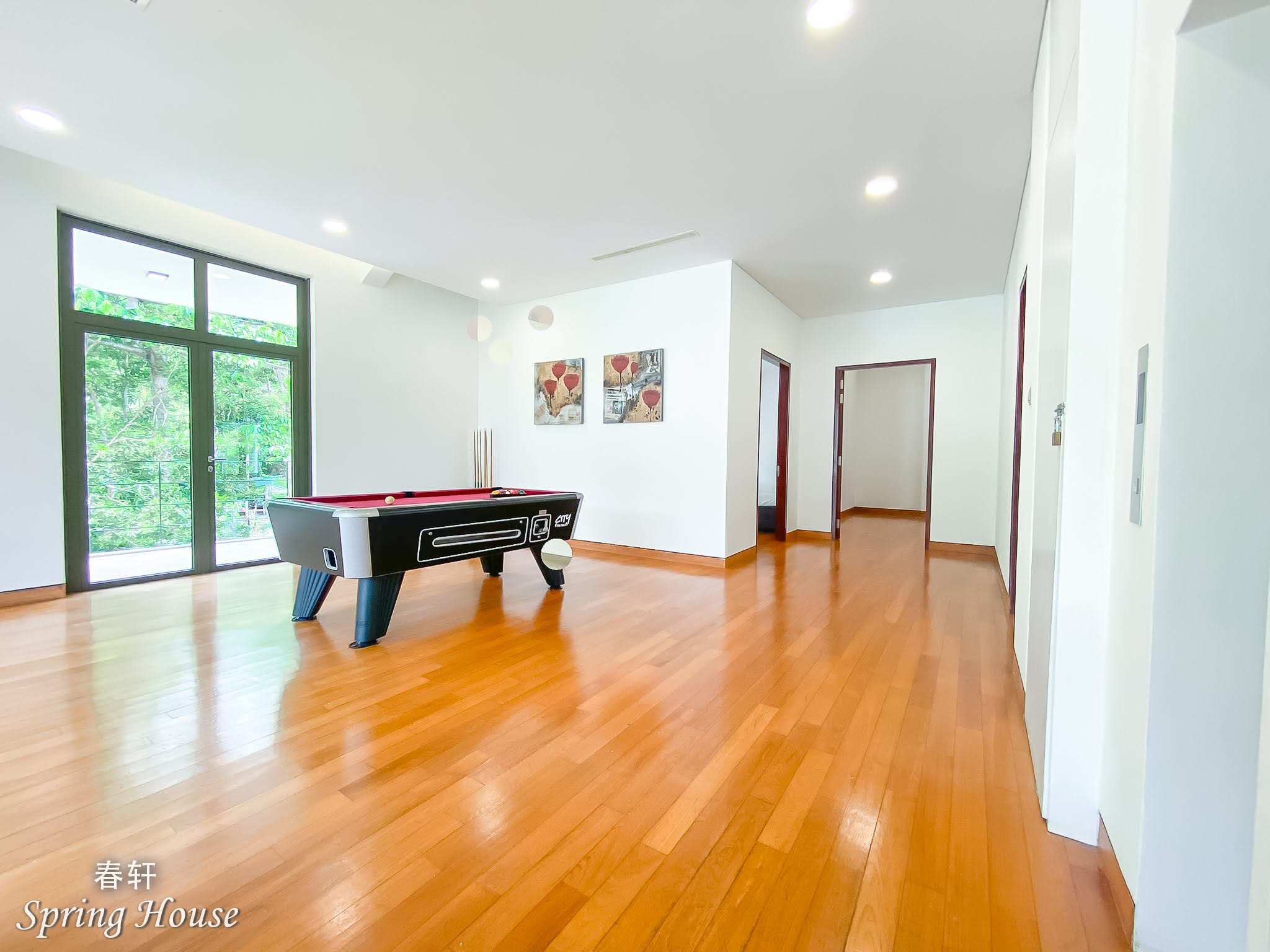 Top-floor games room with a full-size pool table, cue rack and glass doors to the balcony.