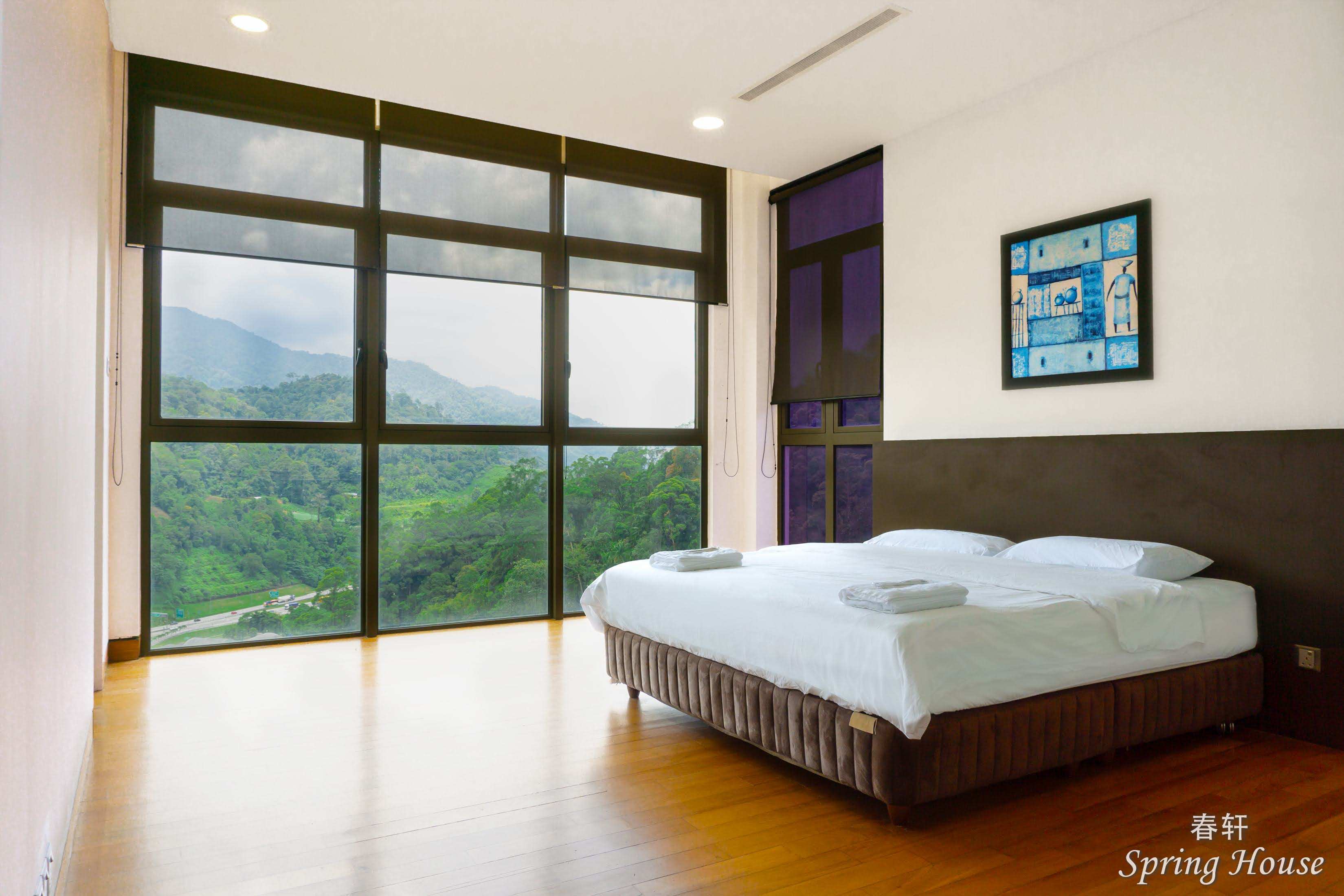King bedroom with a dark headboard panel, framed blue artwork and mountain-view windows.