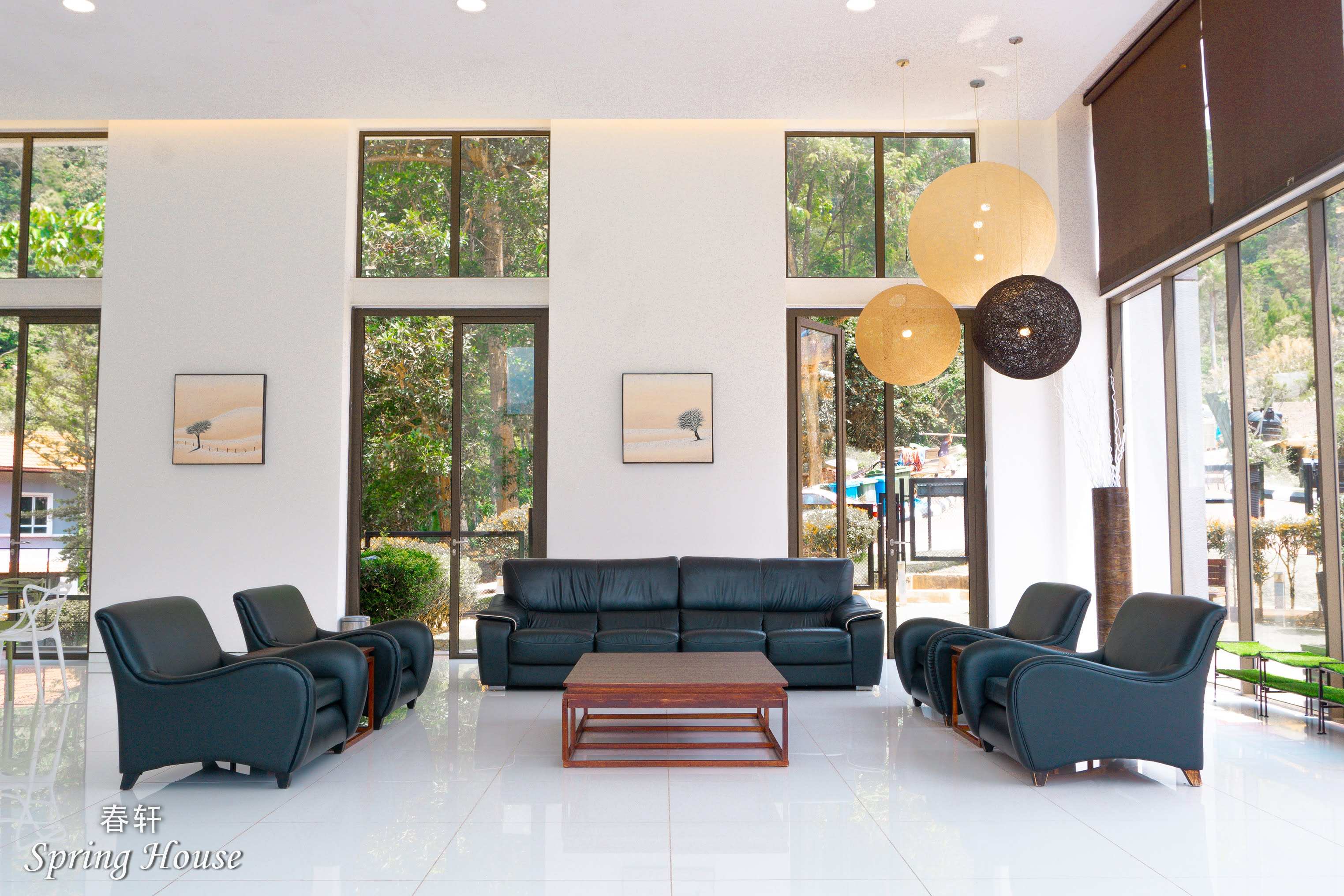 Double-height living room: black leather sofa and armchairs, rattan pendant orbs, a glass wall onto the pool and mountains.