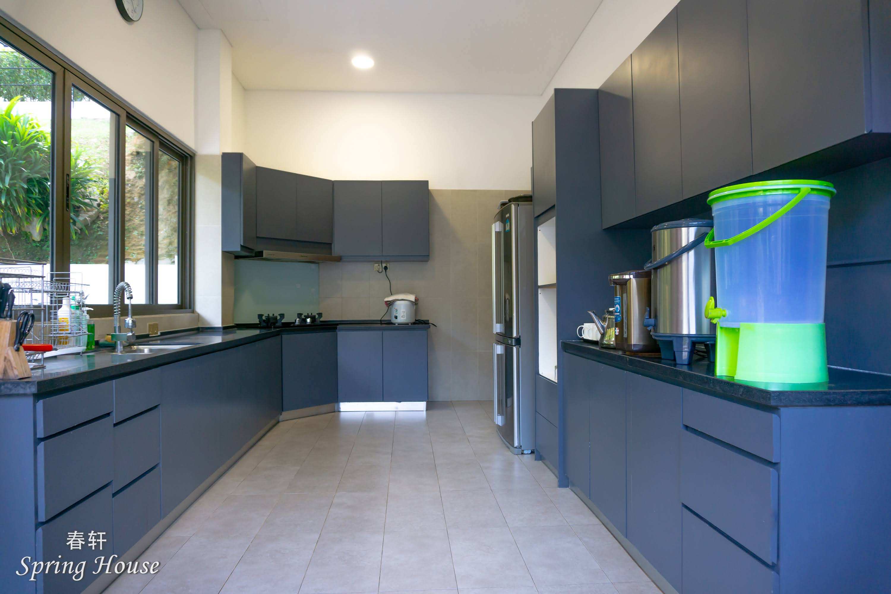 Wet-kitchen counter with navy cabinetry, gas stove and tall windows onto the garden.