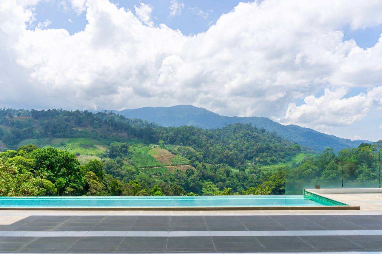 The infinity pool edge level with the treetops, looking across a wide green valley to the Genting ridge under midday cloud.